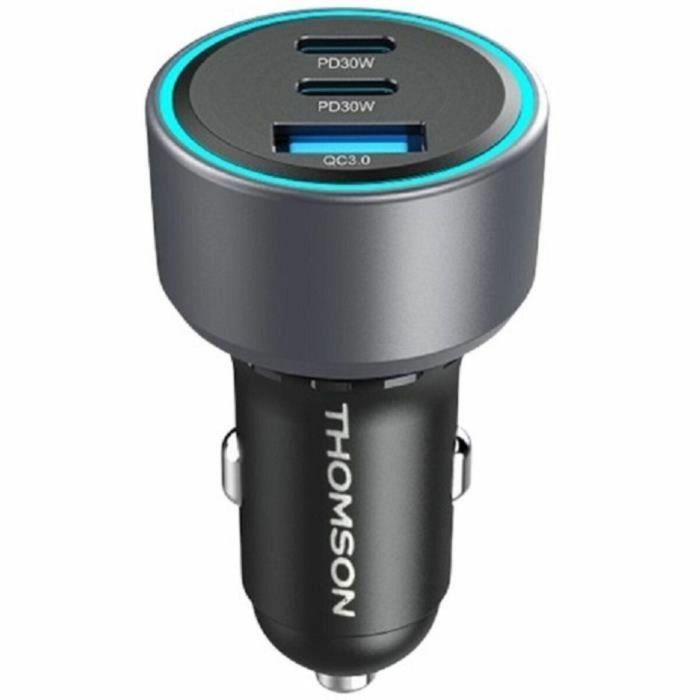 Thomson THO3513767410205 Cargador de Coche Rápido 60W con 2 Puertos USB-C PD 30W y 1 USB-A QC 3.0 18W, Tecnología GAN