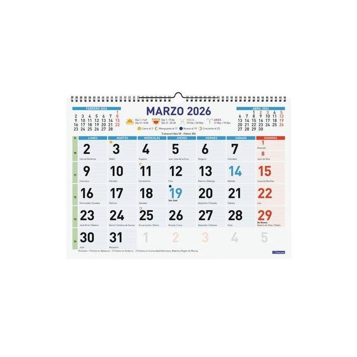 Finocam L-430x310 mm Mv Color 2026 Calendario de Pared Mixto con números grandes para Anotaciones Anual