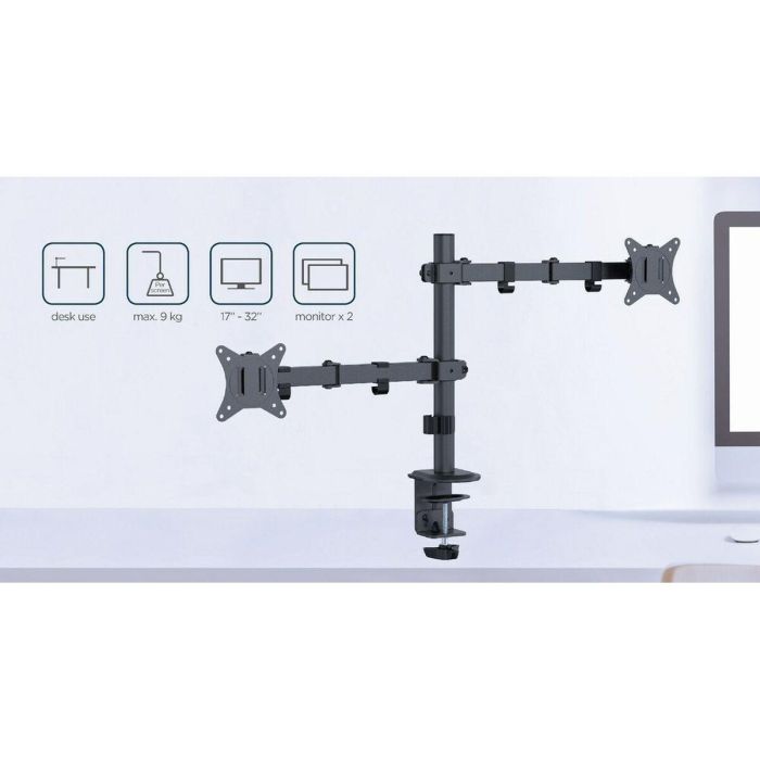 Gembird MA-D2-03 Soporte para Monitor Dual de Escritorio, Brazos Ajustables para Pantallas hasta 32" (81,3 cm), VESA 75x75 100x100, Negro 2 Gembird MA-D2-03 Soporte para Monitor Dual de Escritorio, Brazos Ajustables para Pantallas hasta 32" (81,3 cm), VESA 75x75 100x100, Negro 2