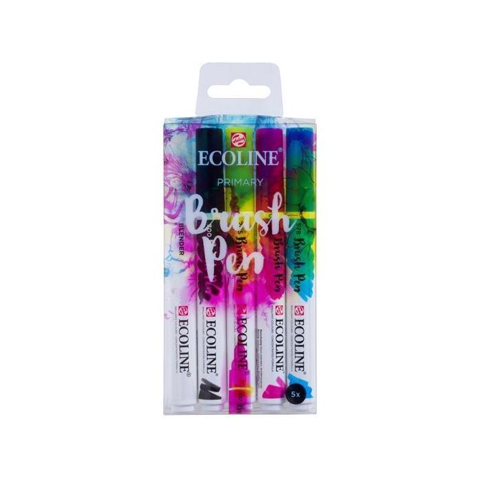 Talens Ecoline Rotuladores Brush Pen Punta Pincel Set 5 Unidades Colores Primarios, Negro y Mezclador