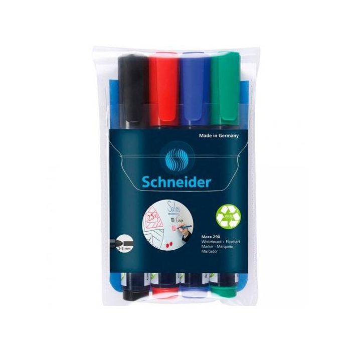 Schneider Marcador Pizarra Blanca Maxx 290 Recargable, Estuche de 4 Colores Surtidos + 1 Gratis Schneider Marcador Pizarra Blanca Maxx 290 Recargable, Estuche de 4 Colores Surtidos + 1 Gratis