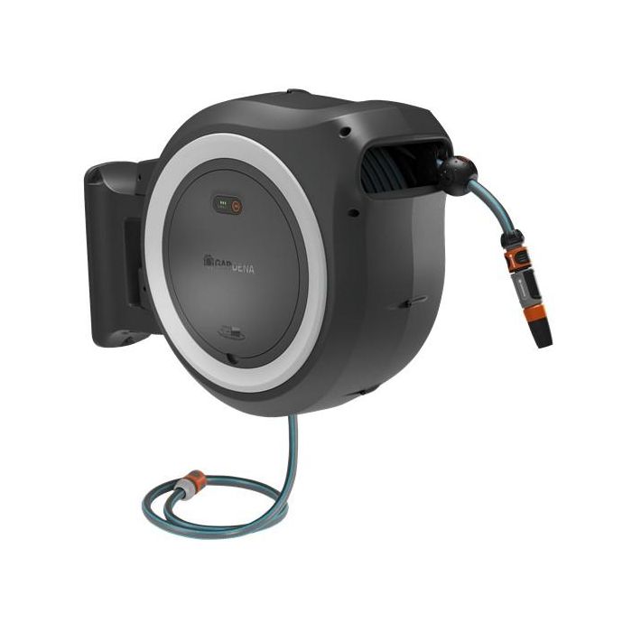 GARDENA Akku-Wand-Schlauchbox PowerRoll XXL P4A Solo, enrollador de manguera a batería 18V, 40 m, negro, resistente a las heladas, referencia 18647-55
