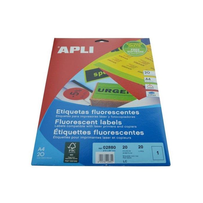 Apli Etiquetas Adhesivas C-Rectos 210x297 mm Rojo Fluorescente Pack 20 Hojas