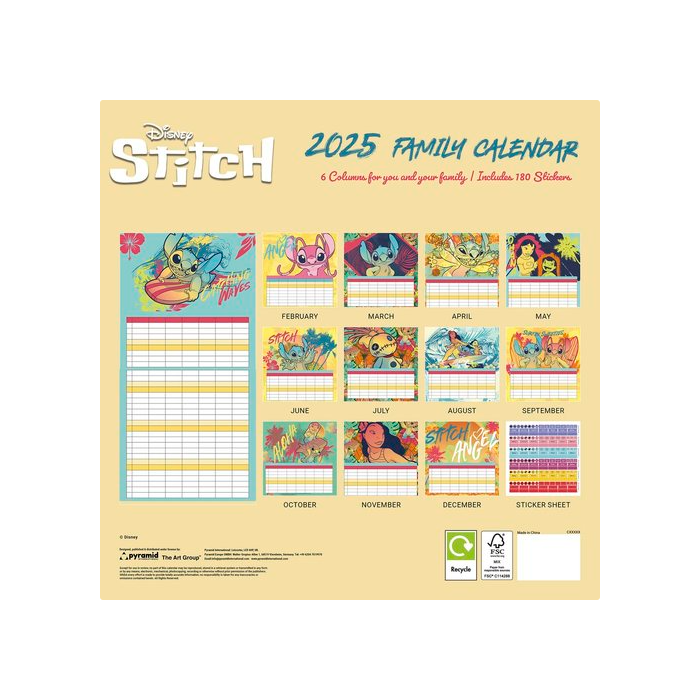 PYRAMID Calendario Planificador Familiar Disney Stitch 30x30cm con 6 Columnas y 180 Pegatinas