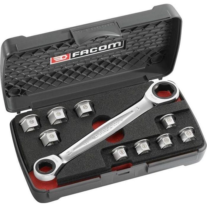 Facom Caja de llaves de trinquete planas 11 en 1, incluye llave 14/19 mm y 9 anillos medidas 8-17 mm con caja de almacenamiento Facom Caja de llaves de trinquete planas 11 en 1, incluye llave 14/19 mm y 9 anillos medidas 8-17 mm con caja de almacenamiento