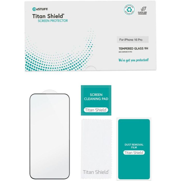 eSTUFF Protector de pantalla completo para iPhone 16 Pro, 10 unidades Titan Shield 1