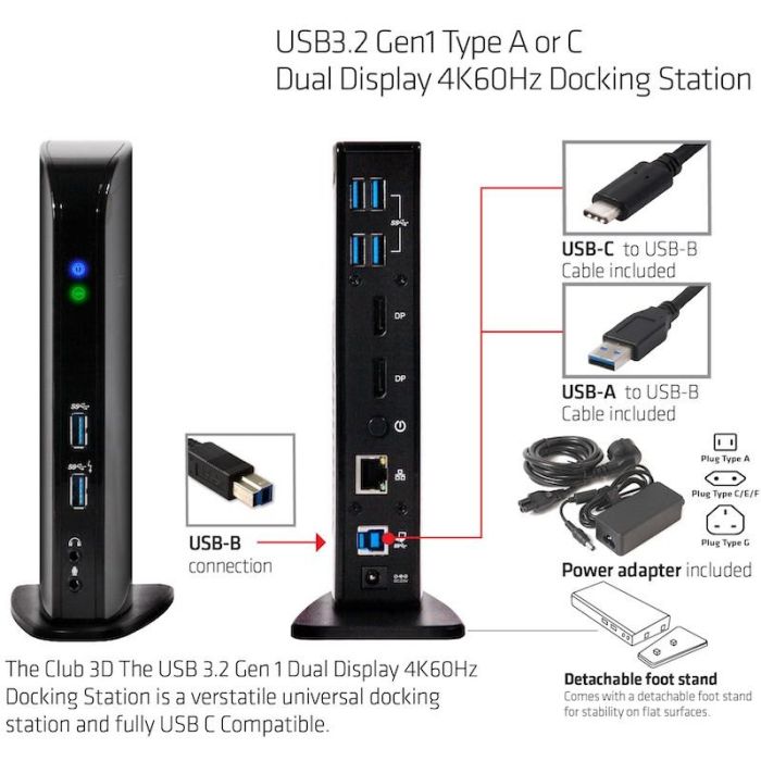 Club3D CAC-1507 Docking Station Dual Display 4K 60Hz USB-C/USB 3.0 con 2xDP/6xUSB/LAN/Audio Negro 5 Club3D CAC-1507 Docking Station Dual Display 4K 60Hz USB-C/USB 3.0 con 2xDP/6xUSB/LAN/Audio Negro 5