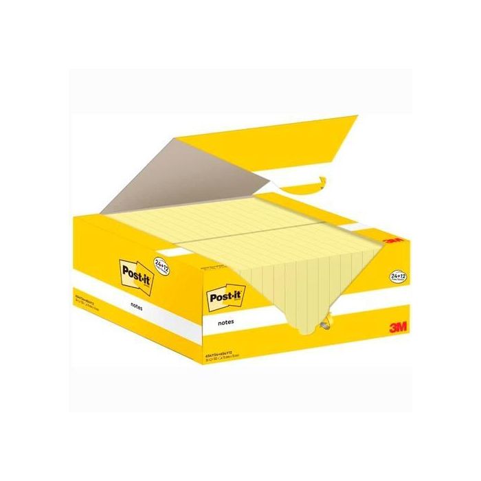 Post-It Bloc Notas 654 Amarillo Canario 100 Hojas 76x76 mm Paquete 24 Unidades + 12 Gratis