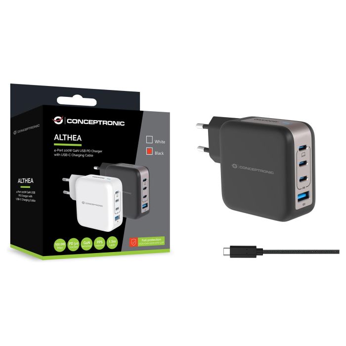 Conceptronic ALTHEA18B Cargador de Pared 100W, 4 Puertos (3x USB-C PD, 1x USB-A QC 3.0) Negro 2
