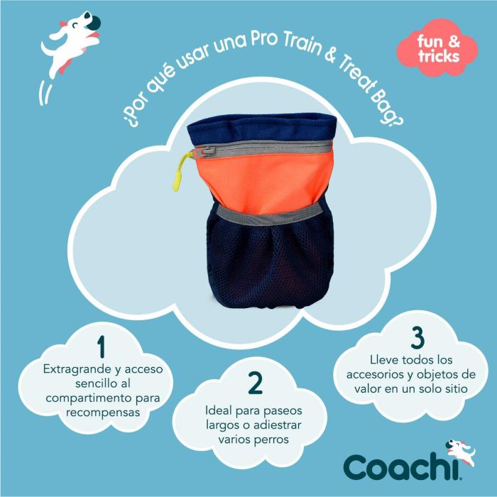 Coachi Pro Train & Treat Bag - Bolsa de Recompensas Grande para Adiestramiento y Paseo Perros Azul-Coral con Cierre Magnético y Bolsillo 3