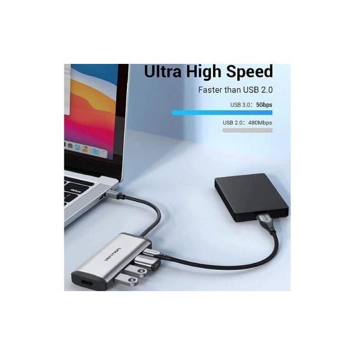 Vention CNBHB Docking USB Tipo-C 5 en 1 con HDMI 4K, 3xUSB 3.0 (5Gbps) y Carga PD 100W, Gris 4 Vention CNBHB Docking USB Tipo-C 5 en 1 con HDMI 4K, 3xUSB 3.0 (5Gbps) y Carga PD 100W, Gris 4