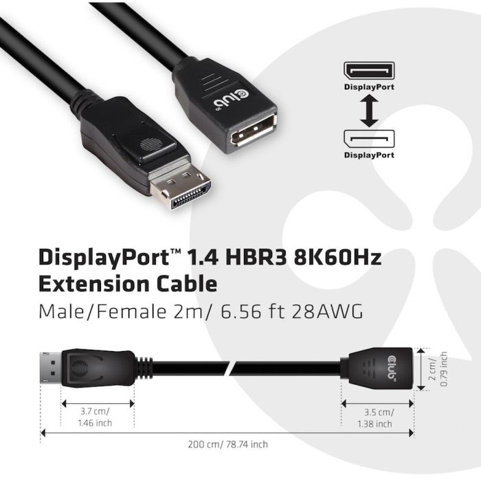 Club3D CAC-1022 Cable Extensión DisplayPort 1.4 Macho/Hembra 8K@60Hz - 2 Metros para 7680x4320 2 Club3D CAC-1022 Cable Extensión DisplayPort 1.4 Macho/Hembra 8K@60Hz - 2 Metros para 7680x4320 2
