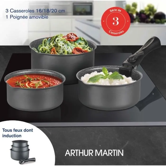 Arthur Martin AM777GM Batería de Cocina Conjunto de 3 sartenes 16-18-20 cm Matt Gray con 1 Manija extraíble, apta para inducción 3