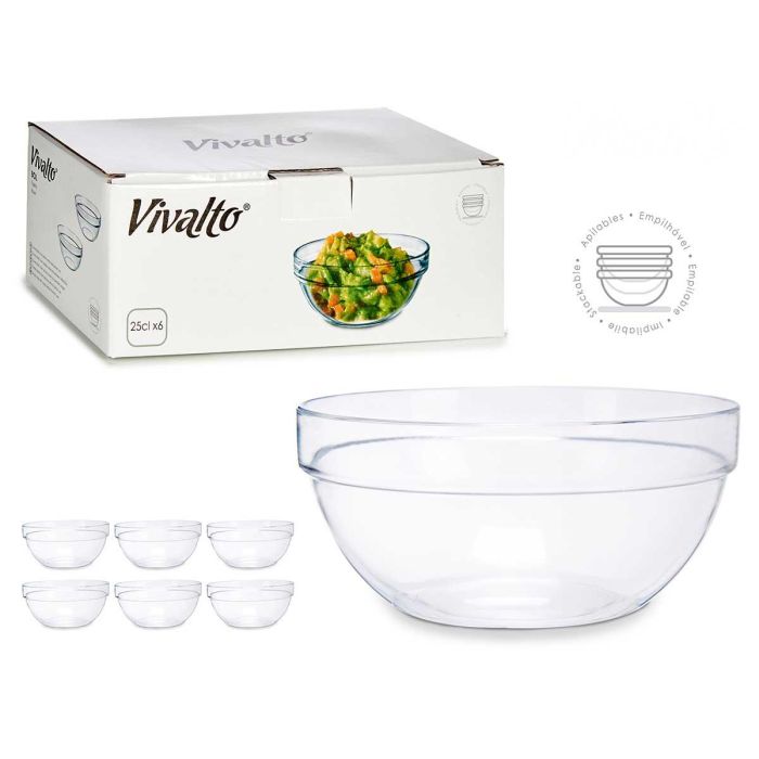 Vivalto Bol de Vidrio Apilable 250 ml - Transparente, Apto para Lavavajillas y Microondas, 10.5x4.5x10.5 cm (Set de 144)