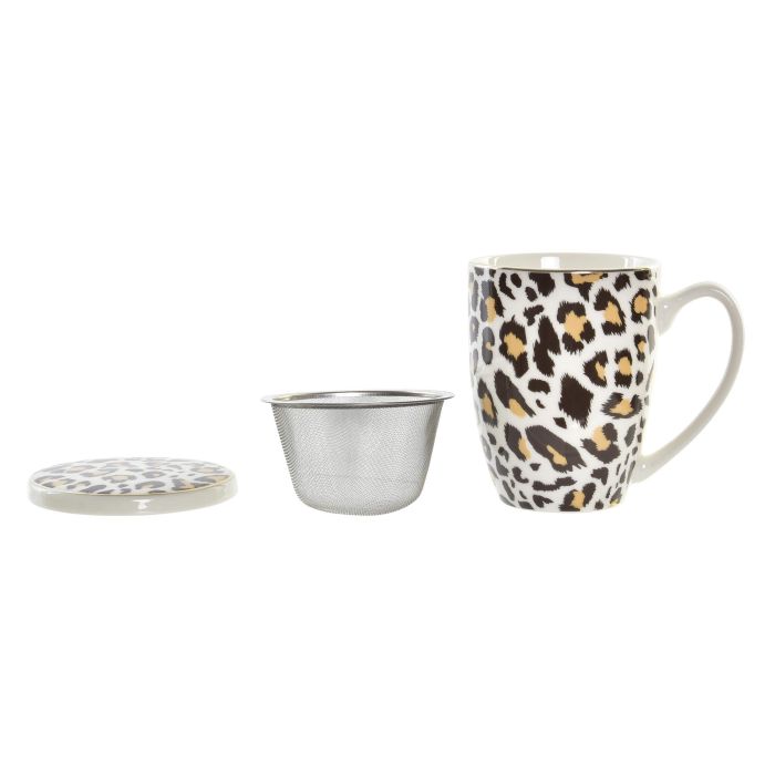 DKD Home Decor Mug Infusiones Porcelana 380ml Diseño Leopardo Colonial Marrón Blanco Apto Microondas Lavavajillas (6 Unidades) 1