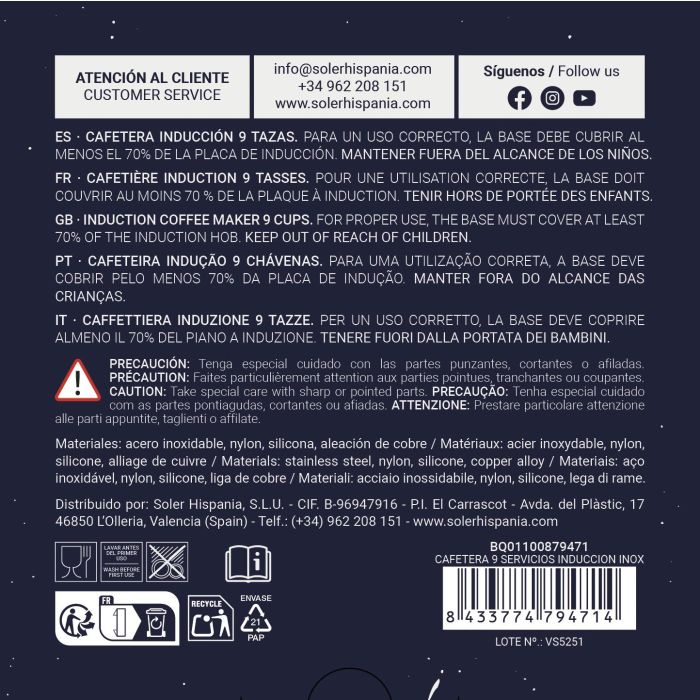 Quttin Cafetera de Inducción 9 Servicios Acero Inoxidable, Dimensiones 12.8 x 14.8 x 21.5 cm (6 Unidades) Quttin Cafetera de Inducción 9 Servicios Acero Inoxidable, Dimensiones 12.8 x 14.8 x 21.5 cm (6 Unidades)
