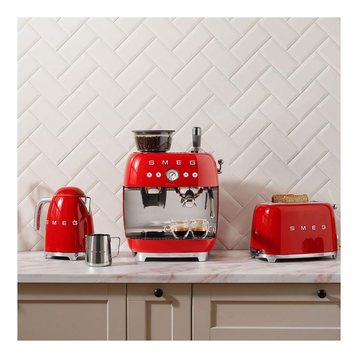 Smeg TSF01RDEU Tostador de Pan para 2 Rebanadas, Color Rojo, Control por Botones, Acero Inoxidable, Función Descongelar y Recalentar, 950W