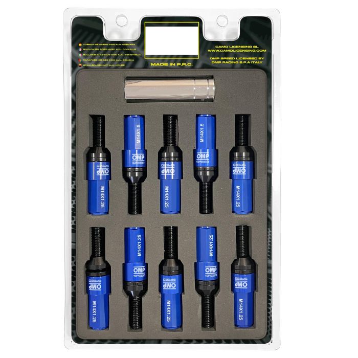 Omp OMPS09971407 Juego 20 Tornillos Rueda M14x1.25 Llave 17-19 Largo 28mm Protector Aluminio Color Azul