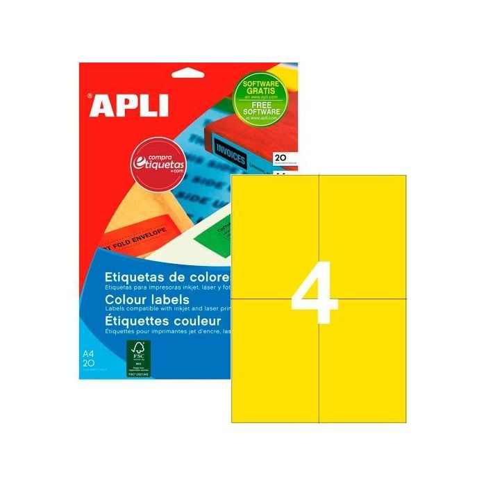 Apli Etiquetas Adhesivas 105x148 mm Inkjet-Láser C-Rectos 4 X 20H Amarillo Apli Etiquetas Adhesivas 105x148 mm Inkjet-Láser C-Rectos 4 X 20H Amarillo