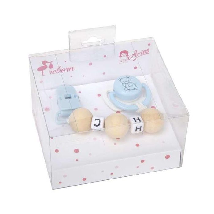 Set chupete azul/blanco c/cadena de bolas de madera y pinza blanca Set chupete azul/blanco c/cadena de bolas de madera y pinza blanca