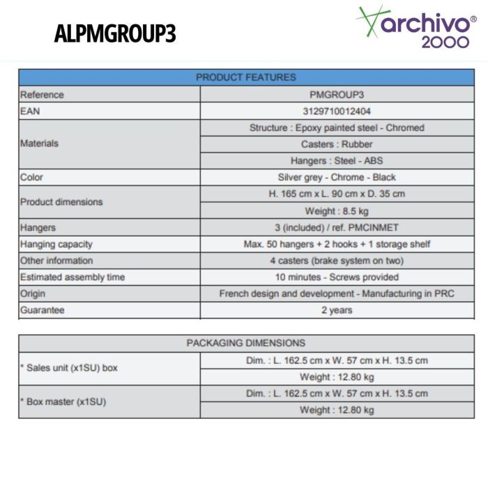 Archivo 2000 Perchero Alba de Gran Capacidad con Ruedas 540x1530x1715 mm Gris ALPMGROUP3 GS 8