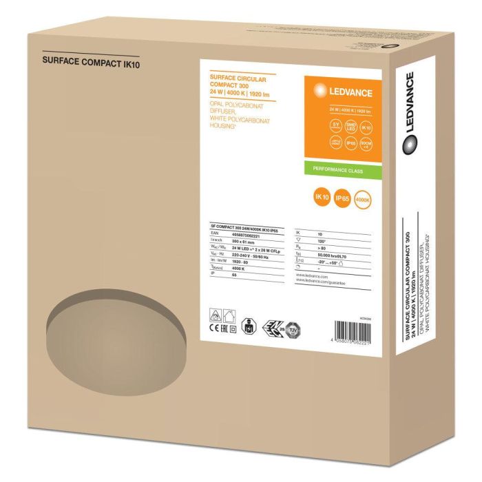 Ledvance LVE-4058075062221 Aplique LED Techo Pared 24W 1920Lm 4000K 120º IP65 IK10 Alta Resistencia Impactos 1