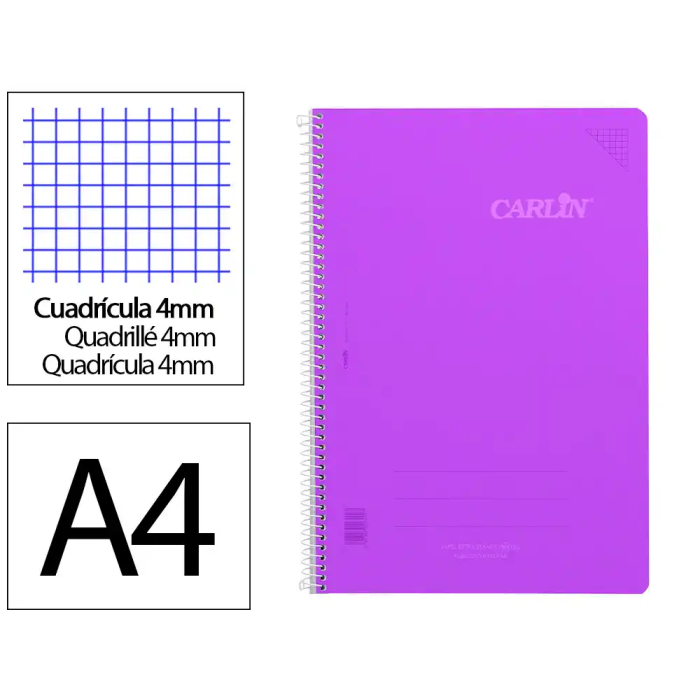 Carlin Cuaderno Espiral A4 Tapa Plástico 80 Hojas 90gr Cuadro 4mm con Margen Violeta 0 Carlin Cuaderno Espiral A4 Tapa Plástico 80 Hojas 90gr Cuadro 4mm con Margen Violeta 0