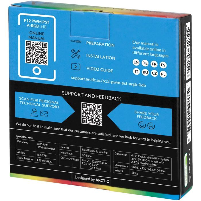Arctic ACFAN00231A P12 PWM PST A-RGB Ventilador 120mm Negro con divisor de cable, 0 dB, optimizado alta presión estática 5