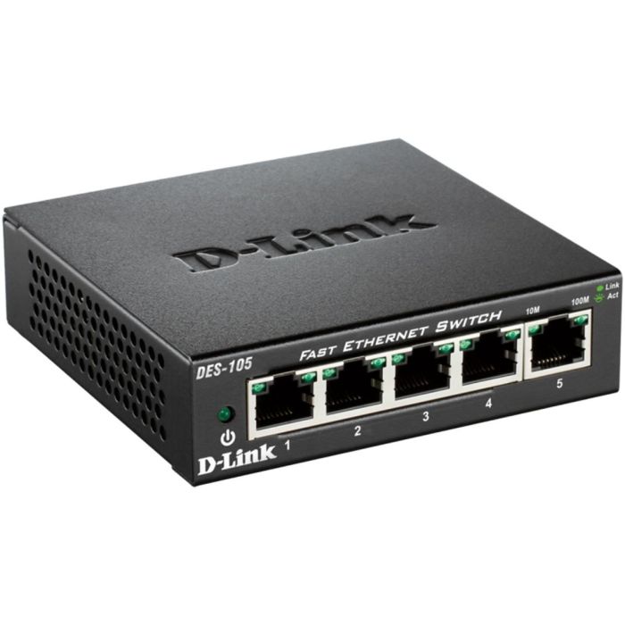 D-Link DES-105 Switch Conmutador de Red 5 Puertos Fast Ethernet 10/100 Mbps RJ-45 Plug & Play, Silencioso con Carcasa Metálica y QoS 1