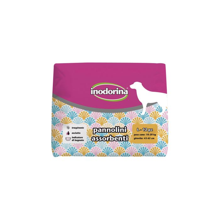 Inodorina Pañal Absorbente para Perros Talla L (10-20kg) - 12 piezas, Transpirable con Indicador de Humedad