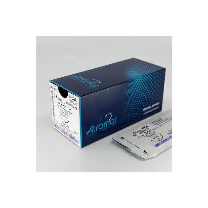 Atramat Sutura Absorbible PGA 2-0 Aguja Triangular 26 mm H75 cm Violeta 12 Unidades Atramat Sutura Absorbible PGA 2-0 Aguja Triangular 26 mm H75 cm Violeta 12 Unidades