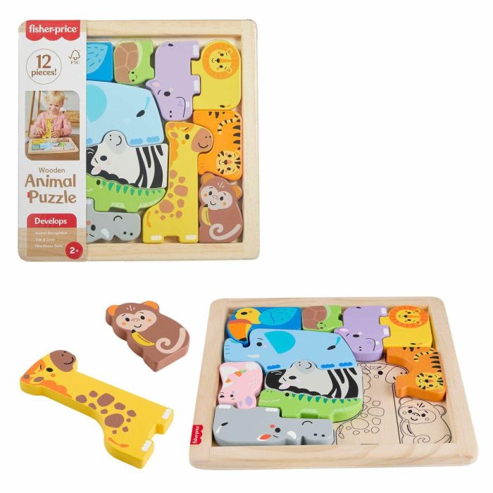 Fisher-Price Rompecabezas de Animales de Madera JFG10, Clasificación de Formas con 13 Piezas para Niños Pequeños 12