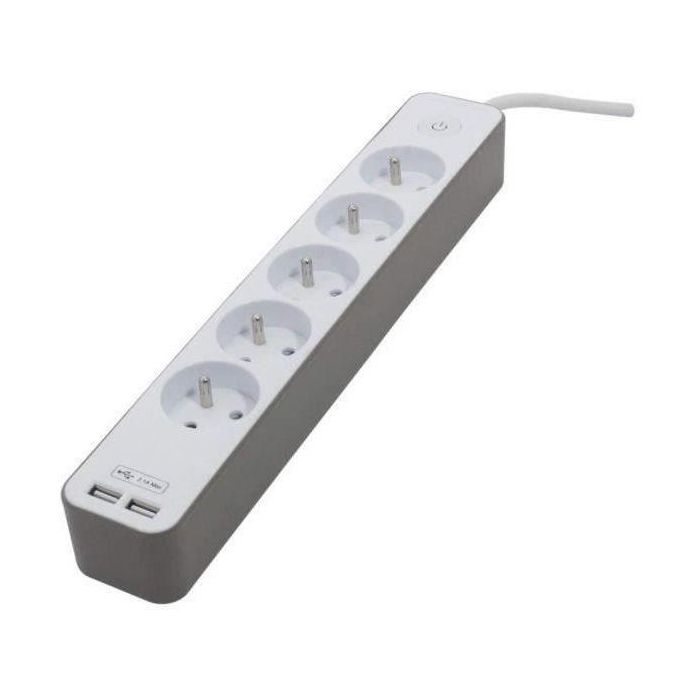 Regleta de alimentación CHACON 5 enchufes 16 A con 2 puertos USB y cable de 1,5 m HO5VV-F 3x1.5 mm² blanco y marrón