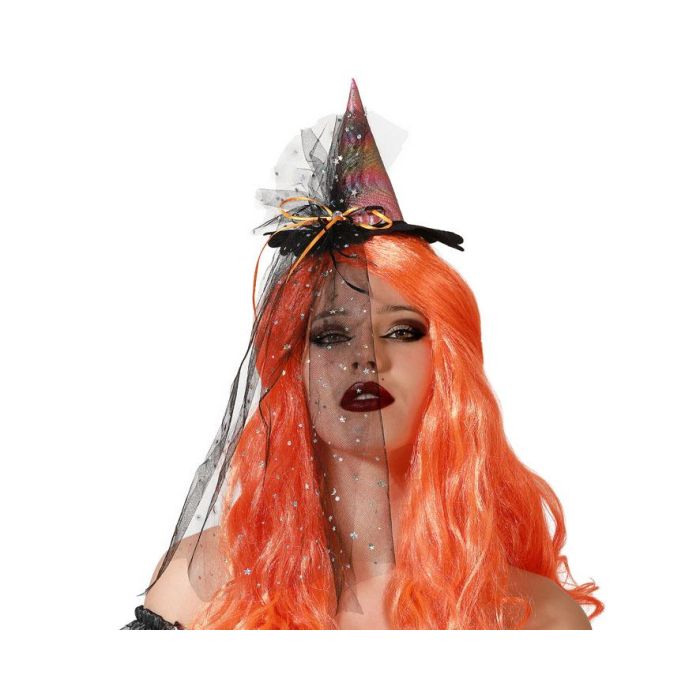 Diadema Sombrero Bruja Metalizado Mujer Adulto con Velo Negro Estrellado y Lazo Naranja