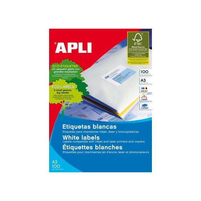 APLI 11352 Etiqueta de Impresora Blanco A4 Permanente Laser/Inyección 29.7 x 42 cm 100 Hojas FSC