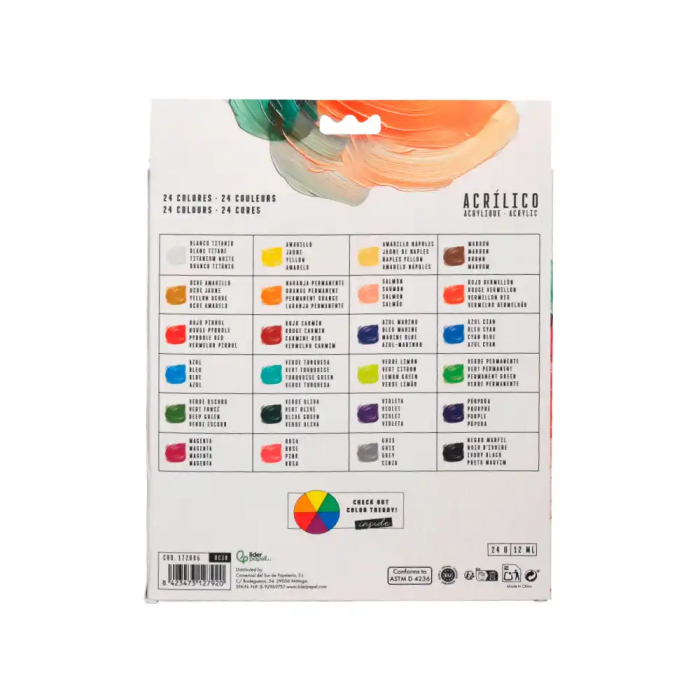 Liderpapel Pintura acrilica caja de 24 tubos de aluminio de 12 ml colores surtidos 2