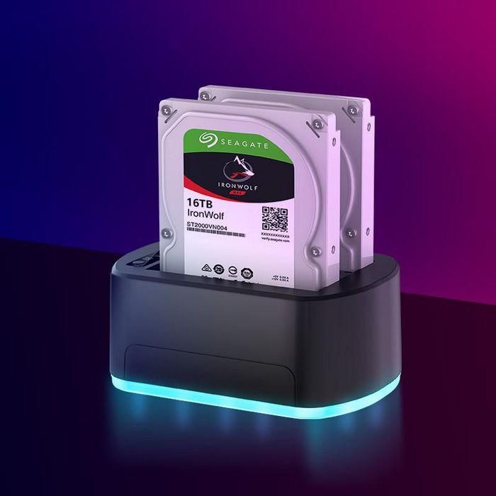 CoreParts Base Docking USB 3.0 Dual Bahía HDD/SSD SATA 2.5" 3.5" con Clonador Offline RGB Gaming 5Gbps - Expansión 36TB 1