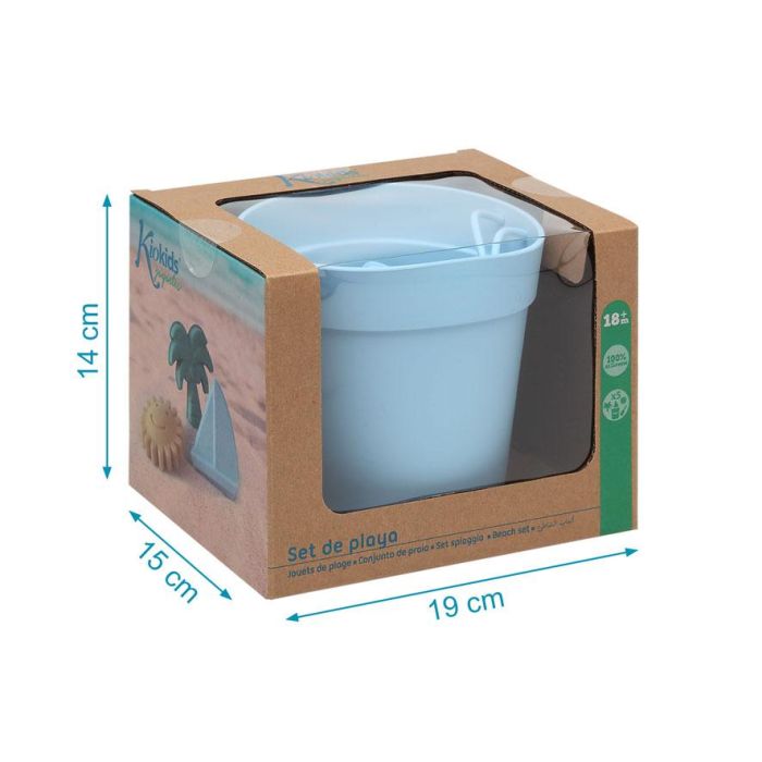 KioKids Set Juego de Playa 100% Silicona Azul de 5 Piezas (Cubo, Pala, 3 Moldes) para Niños +18 Meses Suave y Seguro 4