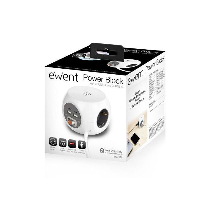 Ewent EW3957 Regleta 3 Tomas Schuko + 2 USB-C + 2 USB (3.4A / 17W) con Interruptor y Cable 1.5m Blanco 1 Ewent EW3957 Regleta 3 Tomas Schuko + 2 USB-C + 2 USB (3.4A / 17W) con Interruptor y Cable 1.5m Blanco 1