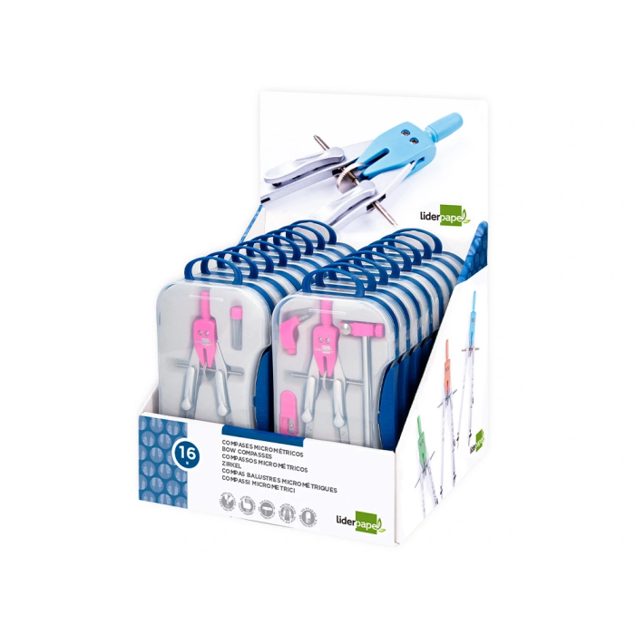 Liderpapel Compás con Adaptador Alargadera y Mango Extra Soft Expositor de 16 Estuches 2 Modelos 3