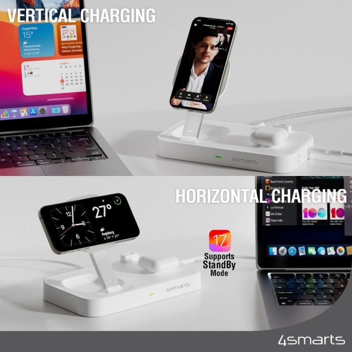 4smarts Cargador inalámbrico Qi2 Trident Blanco 25W con MagSafe y Carga Rápida Universal para 4 Dispositivos 2 4smarts Cargador inalámbrico Qi2 Trident Blanco 25W con MagSafe y Carga Rápida Universal para 4 Dispositivos 2