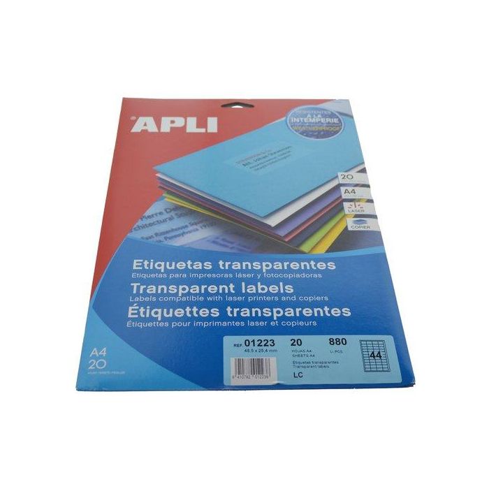 Apli Etiquetas Adhesivas Transparentes 48,5x25,4 mm, 880 Etiquetas, Caja 20 Hojas A4, Láser/Inkjet/Fotocopiadora
