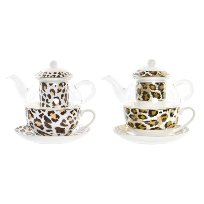 DKD Home Decor Tetera Colonial Diseño Leopardo Marrón Blanco de Cristal y Porcelana 250ml Apta Lavavajillas y Microondas (2 Unidades)