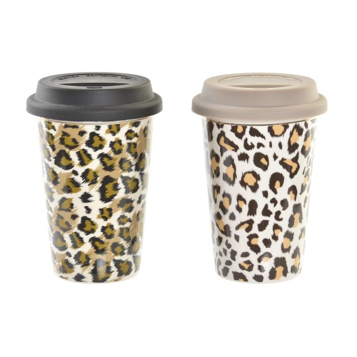 DKD Home Decor Mug Colonial Leopardo Porcelana 400ml Marrón Negro 10x14x10cm, Apto Microondas y Lavavajillas, Set 6 Unidades