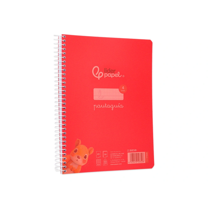 Liderpapel Cuaderno Espiral A5 Pautaguía Tapa Plástico 80 Hojas 90gr Cuadro Pautado 4mm con Margen Color Rojo 4