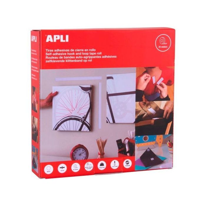 Apli Cinta Gancho Bucle Adhesiva Tipo Velcro 20 mm x 25 m Blanco - Adhesivo Acrílico, Cierre Fuerte