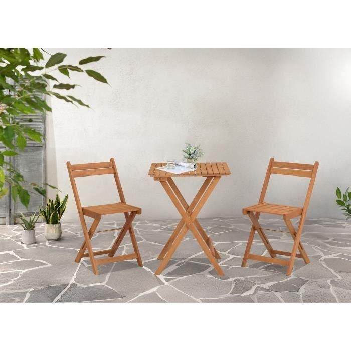 Set de madera de acacia FSC: compuesto por una mesa cuadrada y 2 sillas plegables 1 Set de madera de acacia FSC: compuesto por una mesa cuadrada y 2 sillas plegables 1