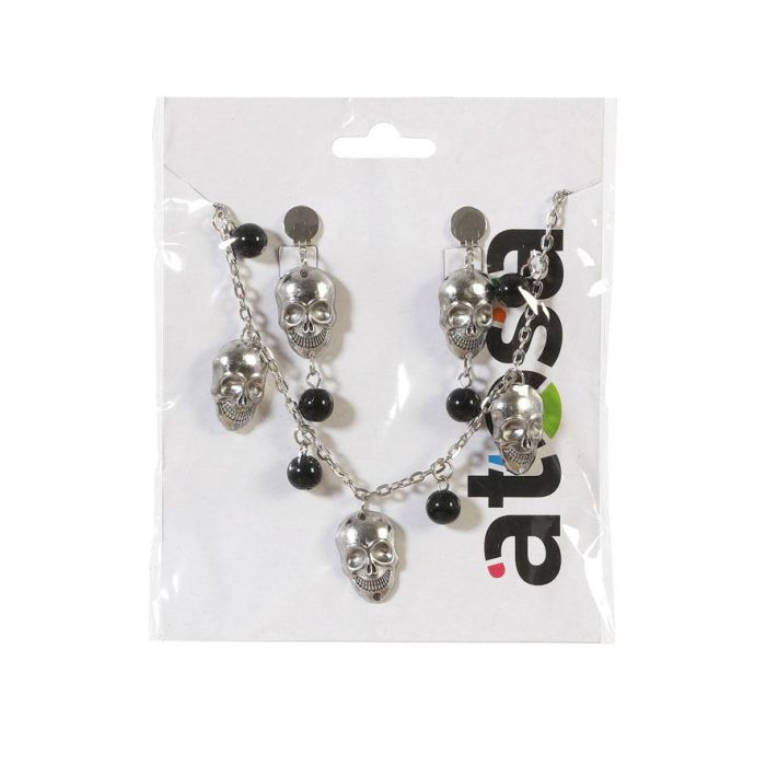 Set de Collar y Pendientes Calavera Plateada con Detalles Negros - Disfraz Halloween, Vampiresa, Bruja, Gótico 1 Set de Collar y Pendientes Calavera Plateada con Detalles Negros - Disfraz Halloween, Vampiresa, Bruja, Gótico 1