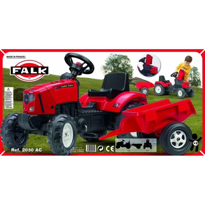 Tractor de pedal rojo sobrealimentador con capota abatible y remolque 1