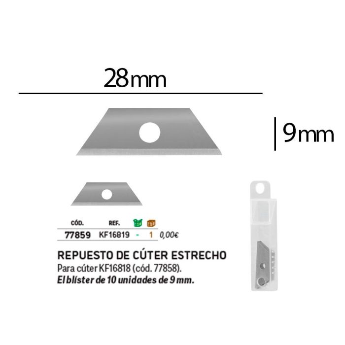 Repuesto Cuter Q-Connect Estrecho Para Modelo Kf16818 Cuchilla 9 mm Blister 10 Unidades 1